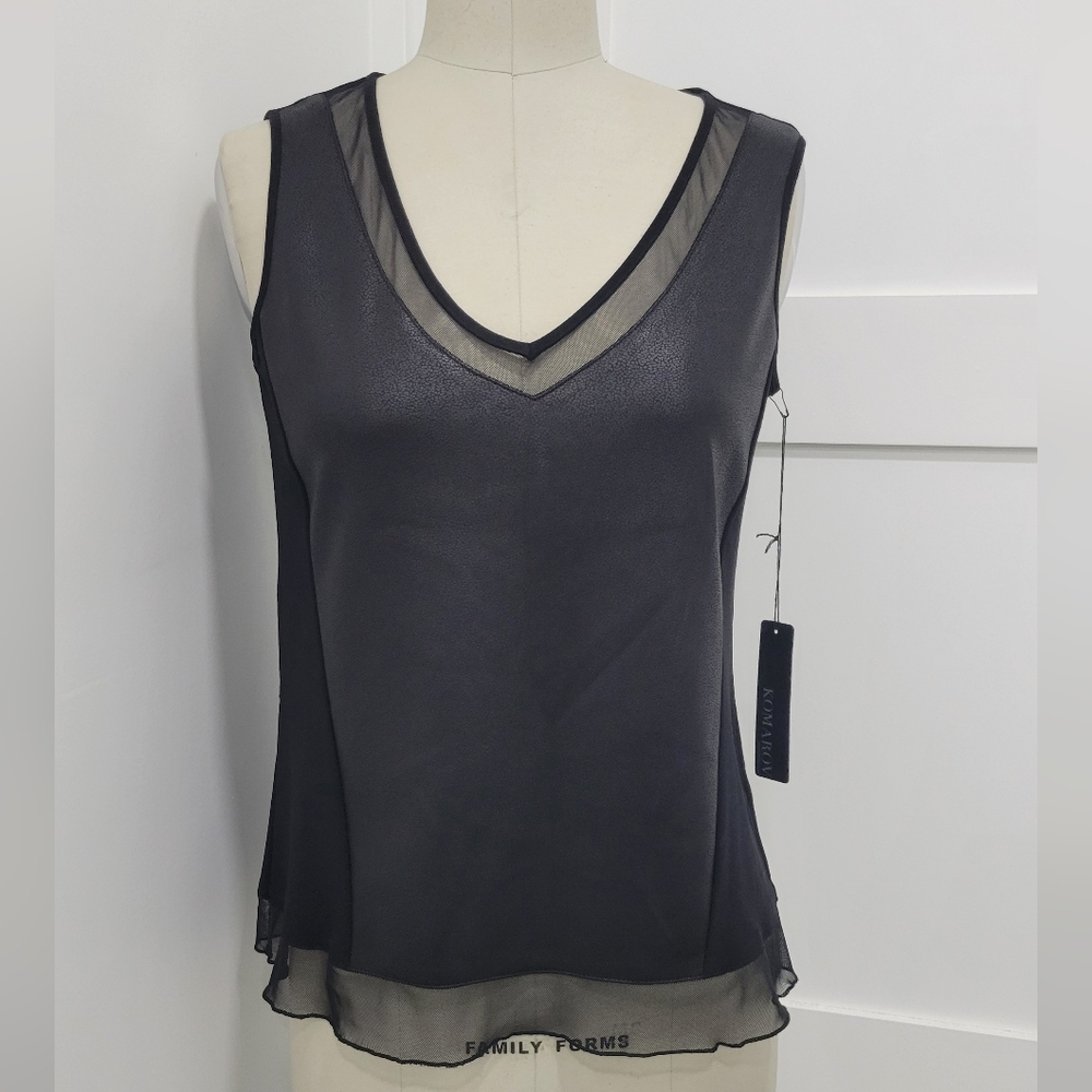 Komarov Women's Sheer Black V-Neck Sleeveless Top Size XS Edgy Sophisticated